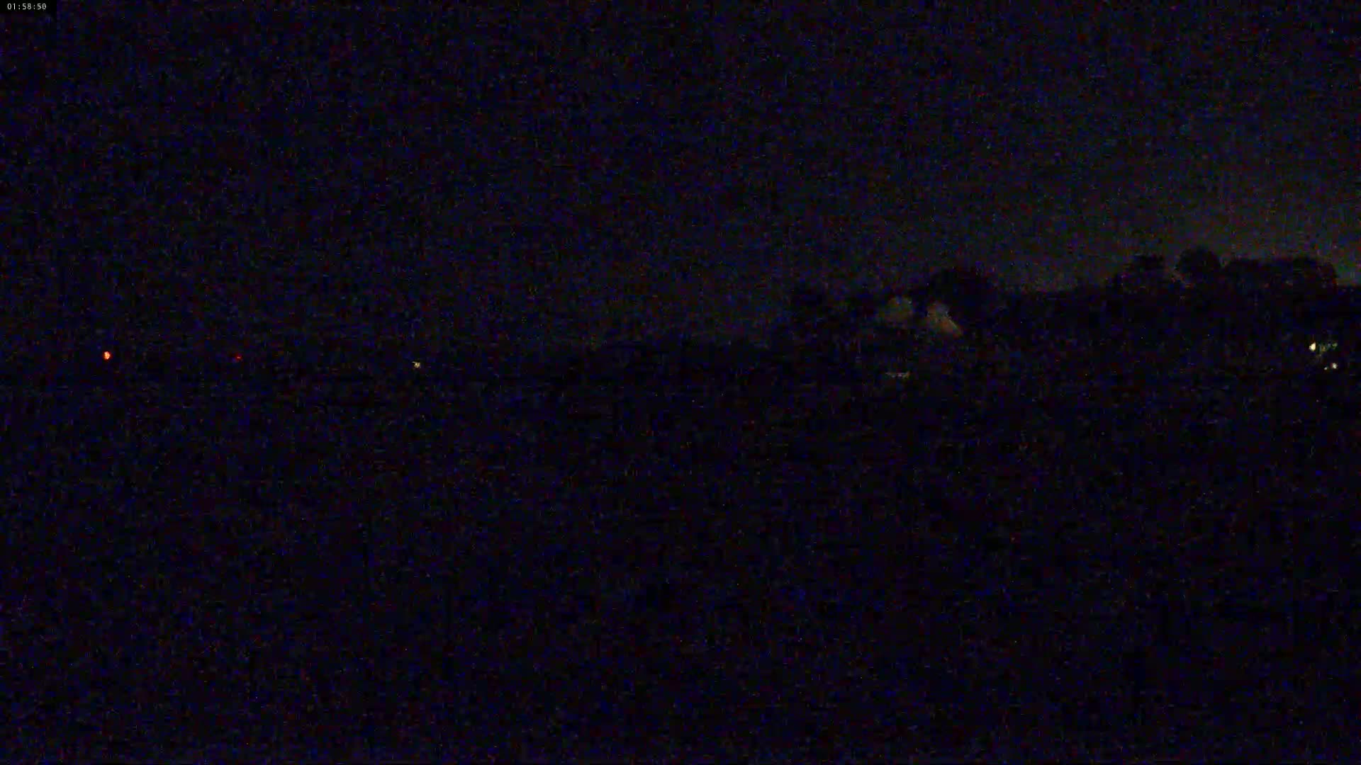 A nighttime, dark image shows a silhouetted line of trees and a few distant faint lights.