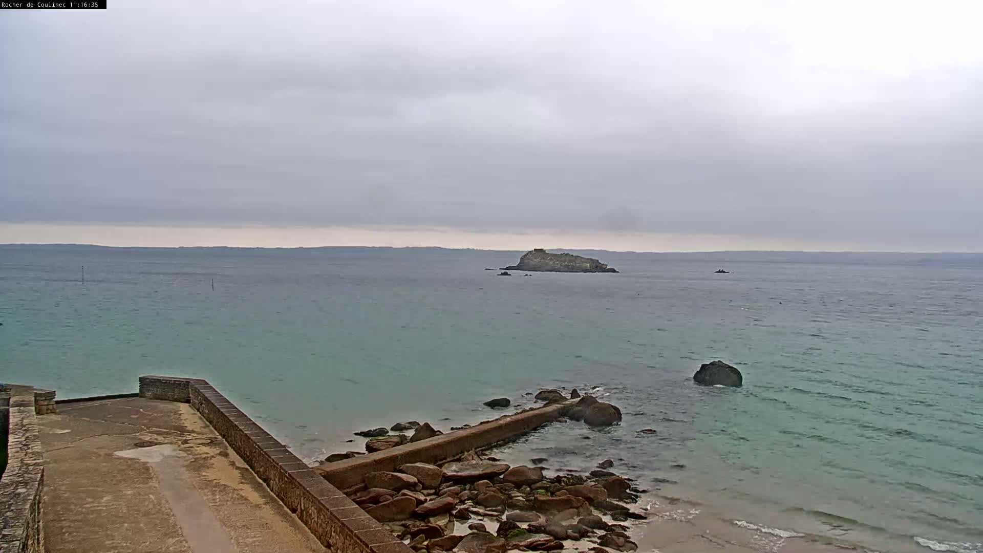 A rocky shoreline and a small island are visible in the distance across a calm, light-green sea under an overcast sky.
