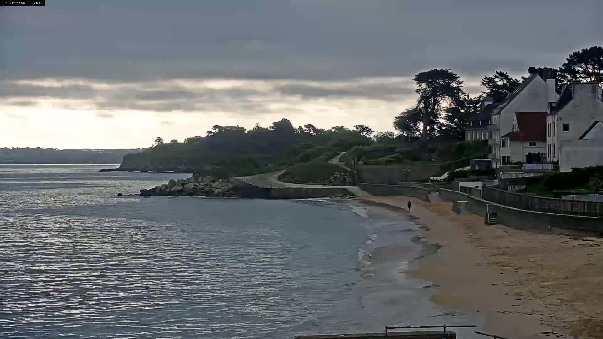 A sandy beach and calm bay are seen beneath an overcast sky, next to a sea wall and several houses nestled amongst trees.