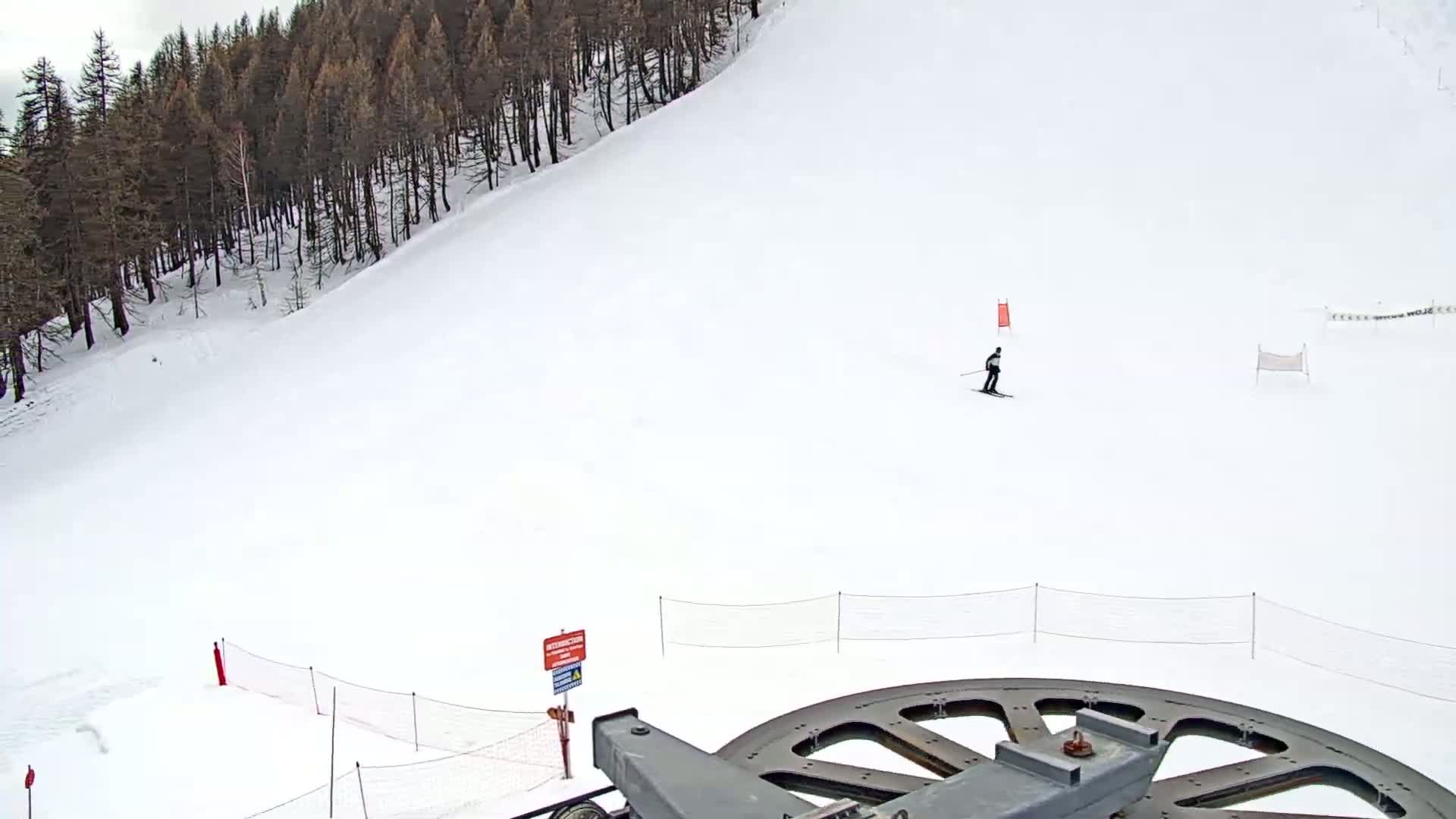 A skier descends a snow-covered slope bordered by a dark forest under an overcast sky, with a large pulley wheel in the foreground.