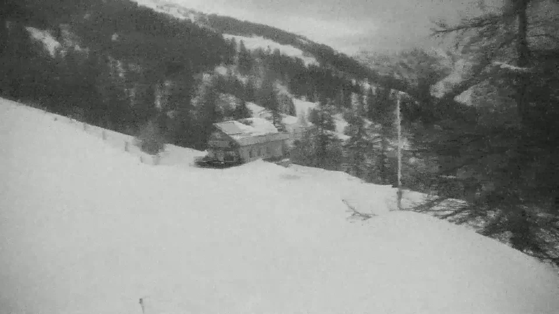 A snow-covered hillside with a small building and evergreen trees under an overcast sky.