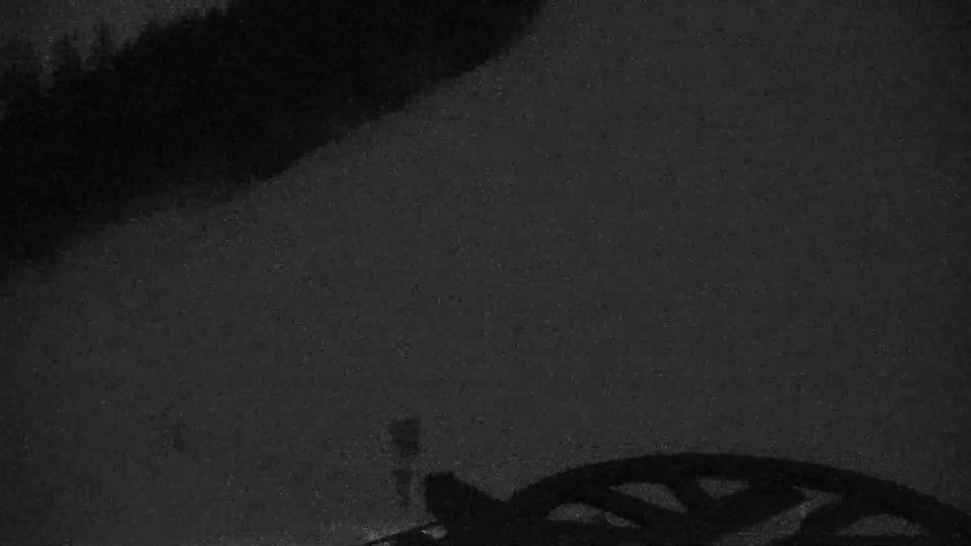 A dark, possibly nighttime, image shows a shadowed, indistinct object resembling a vehicle in the bottom right corner against a granular, dark gray background with a dark mass resembling trees or a hill in the upper left.