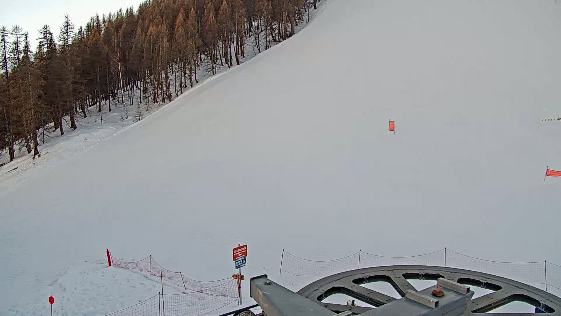 A snowy ski slope descends from a line of dark trees under a cloudy sky, with a ski lift wheel and safety netting in the foreground.