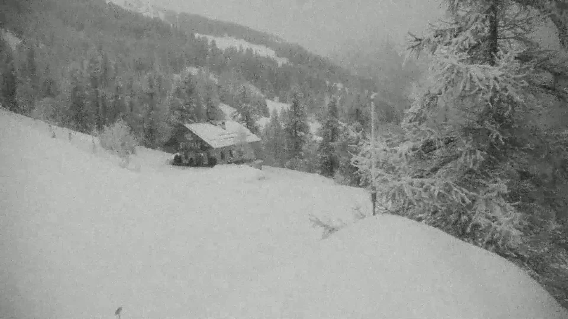 A snow-covered landscape shows a small cabin nestled among snow-laden evergreen trees during a snowfall.