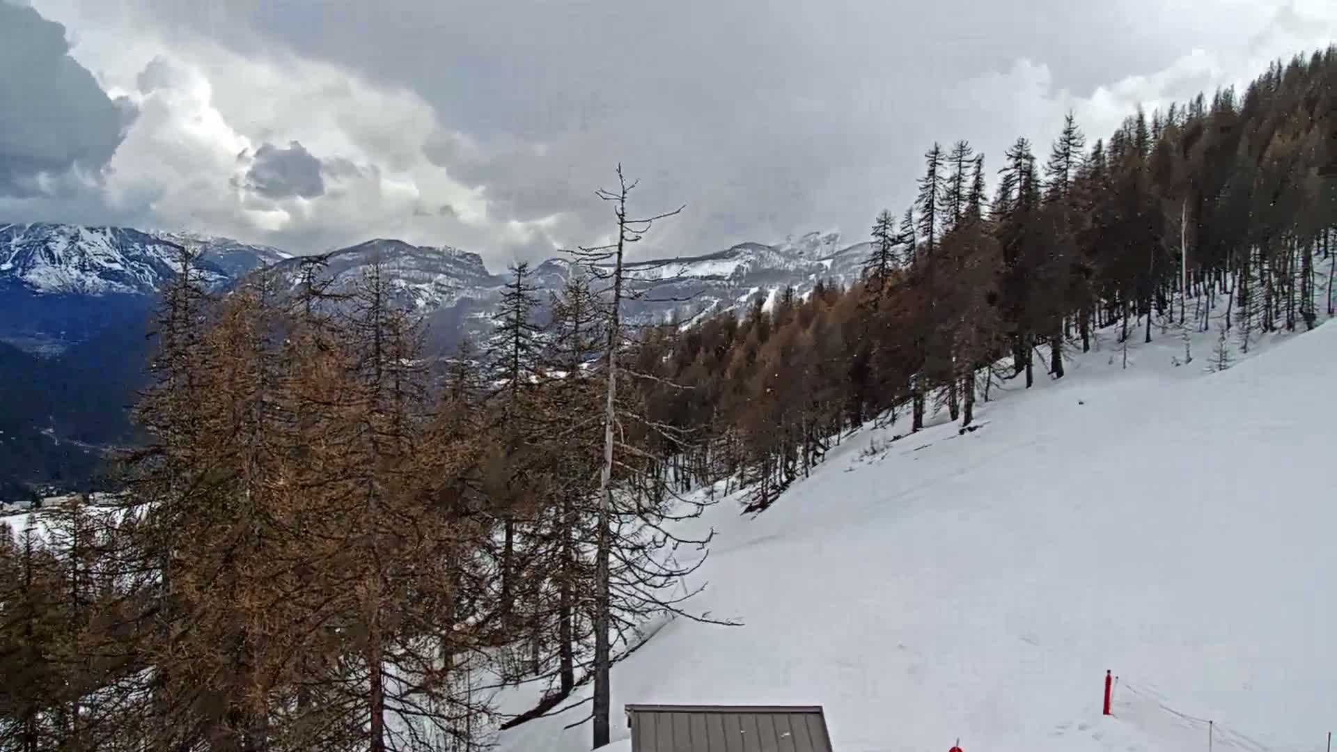 A snow-covered mountain slope with brown, leafless trees in the foreground, under a cloudy sky with light snow falling.