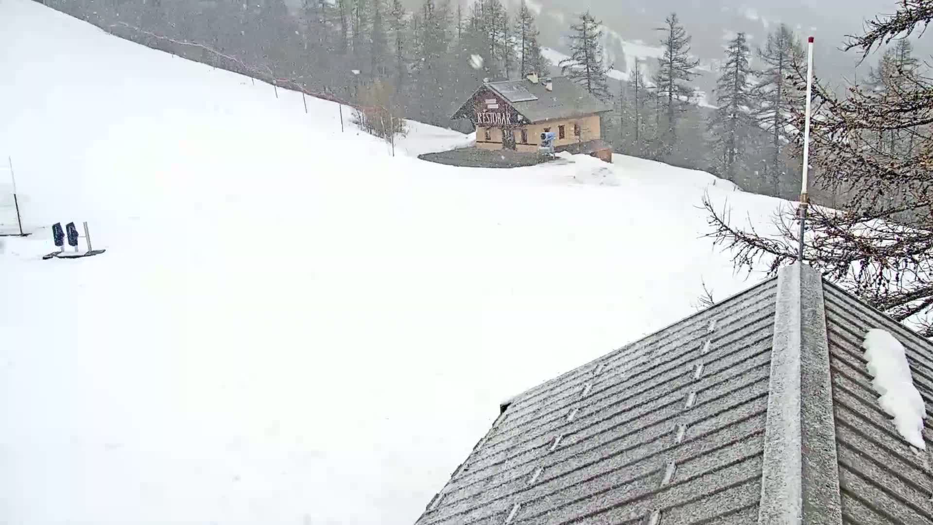 A snow-covered slope with a small building and a snow-dusted roof in the foreground during a snowfall.