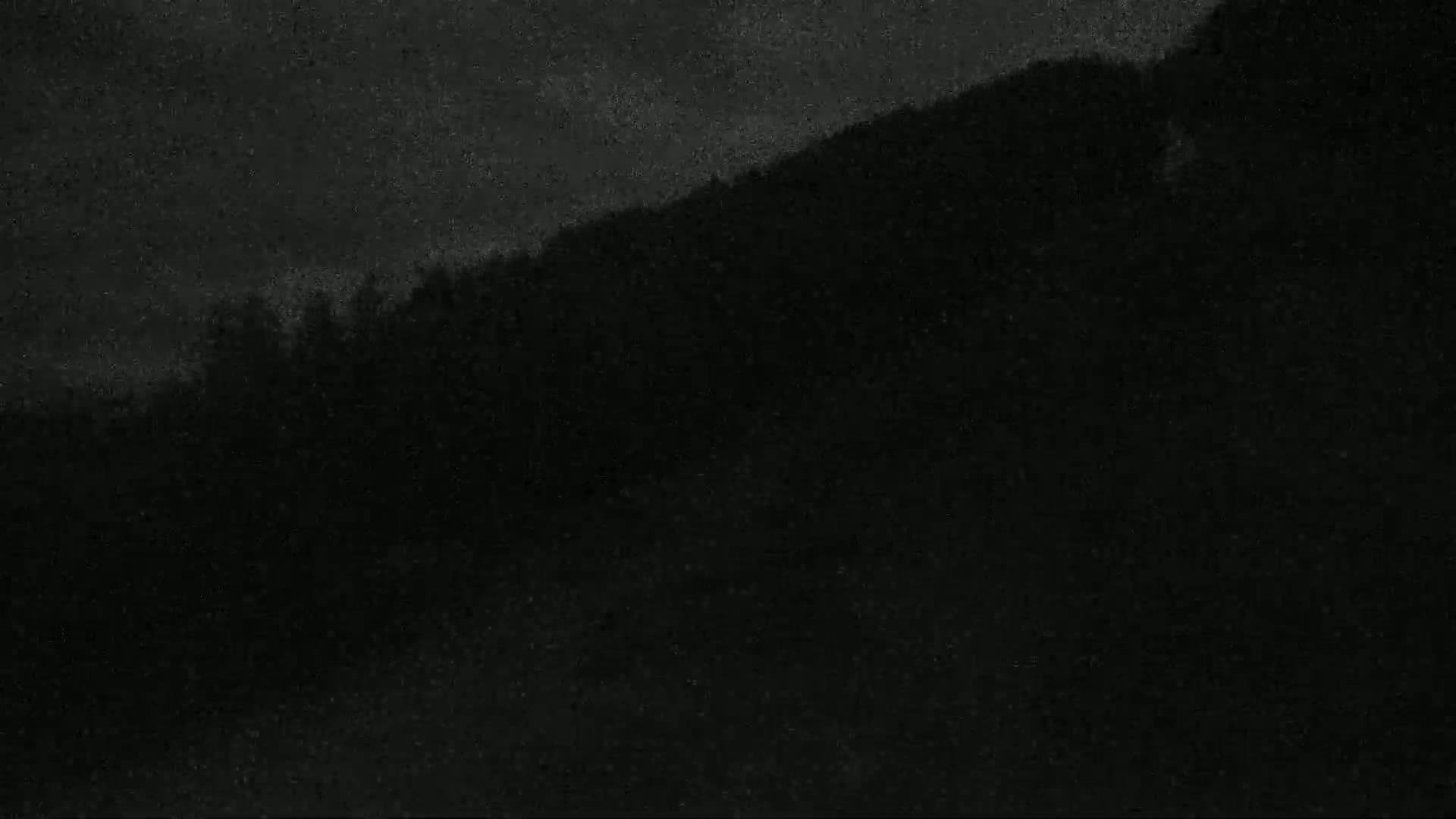 A dark, nighttime view shows a silhouetted hillside covered in trees under a cloudy sky.