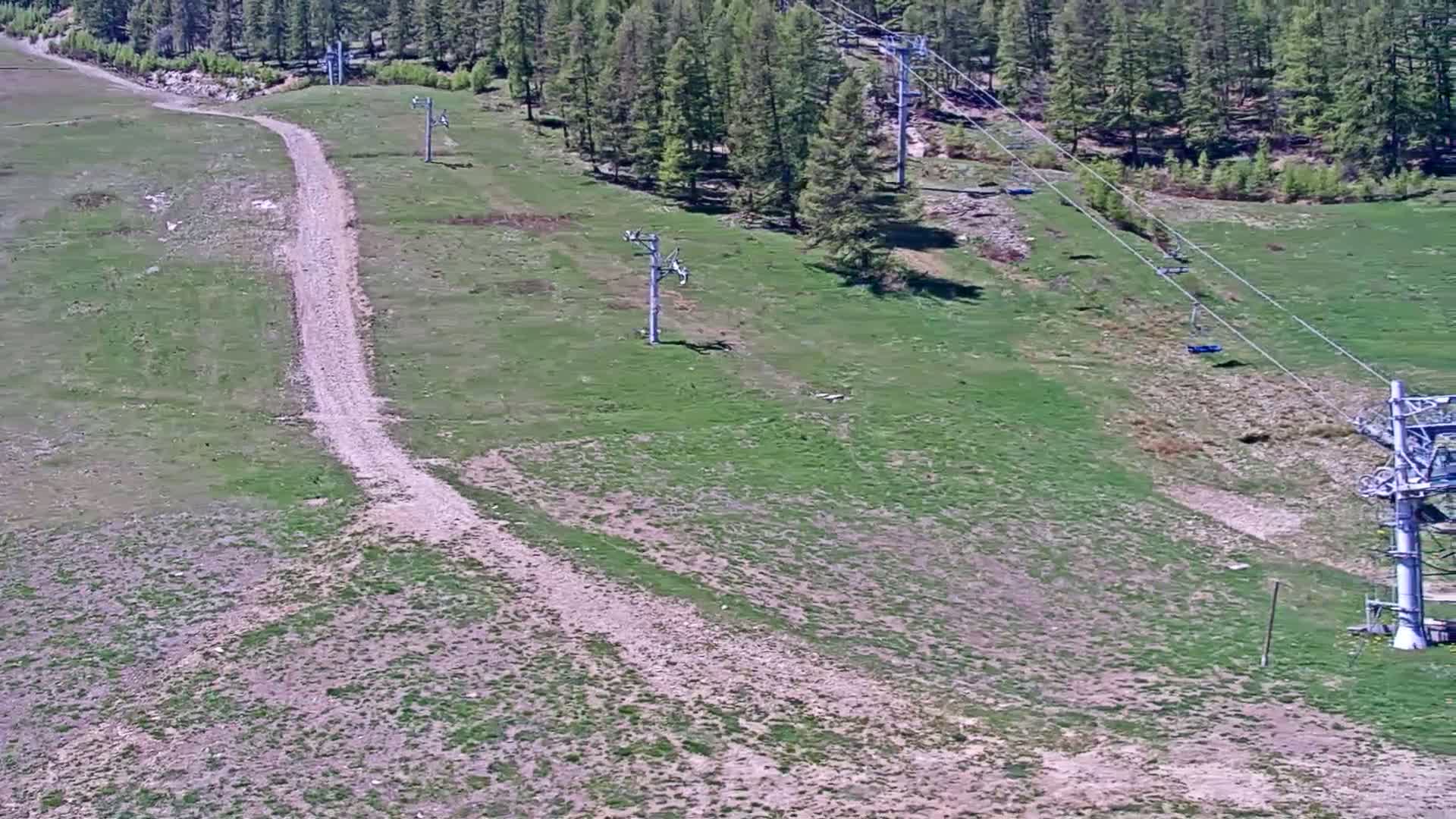 A grassy hillside with a dirt road and several empty chairlift towers under a sunny sky.