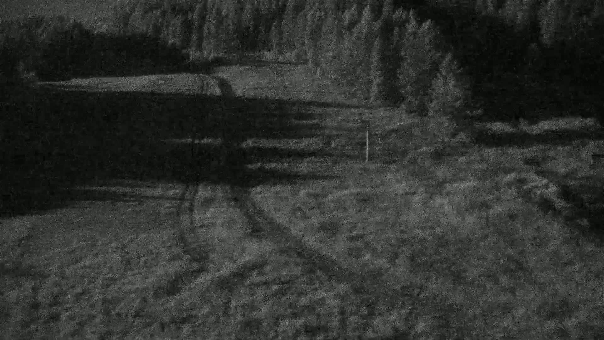 A low-light aerial view shows tire tracks crossing a grassy field toward a dark forest.