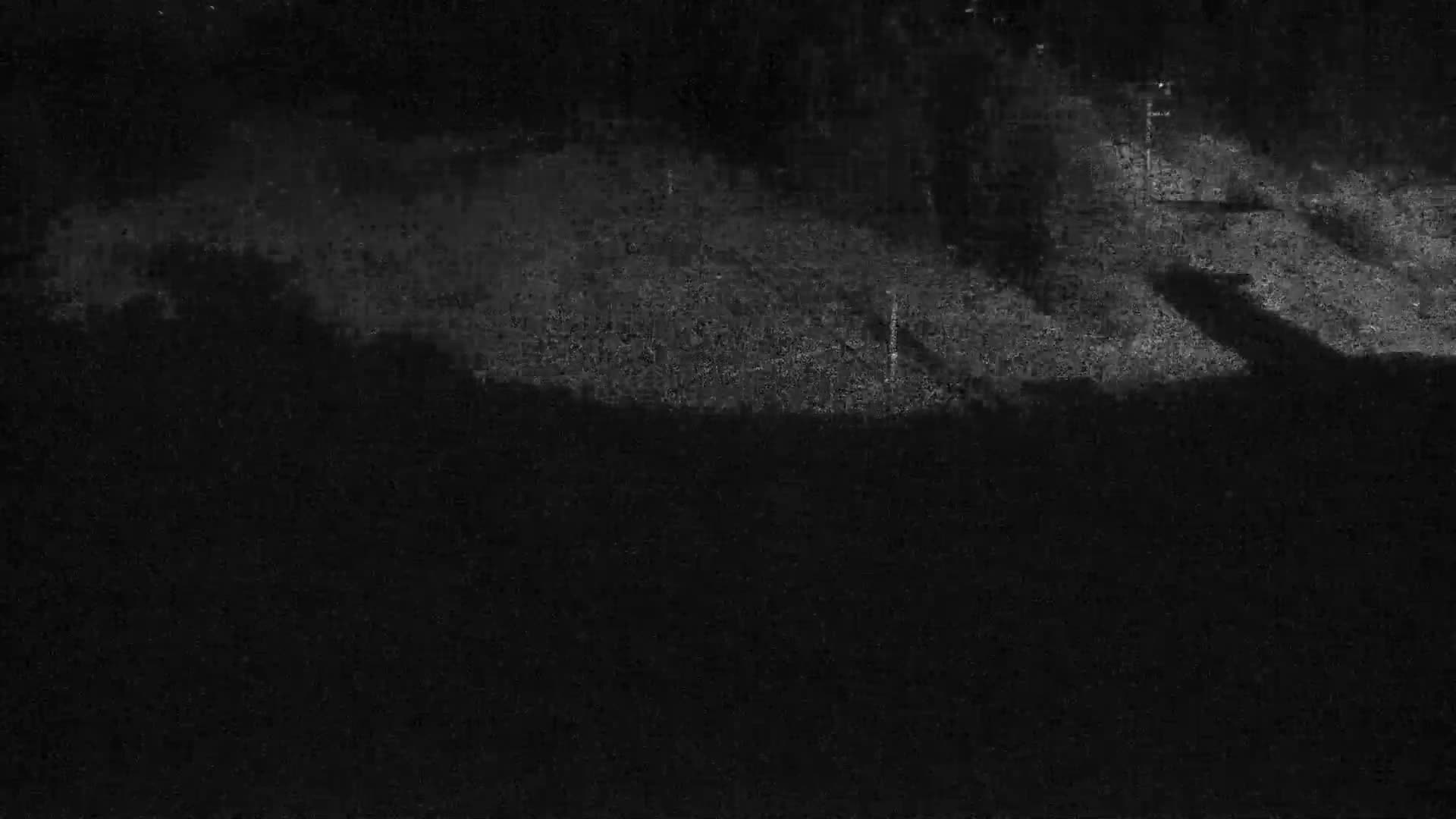 A snow-covered forest of coniferous trees ascends a mountain alongside a deep snowy slope with faint ski tracks, all under a grey, overcast sky, with a small, partially snow-buried red-roofed hut visible at the bottom.