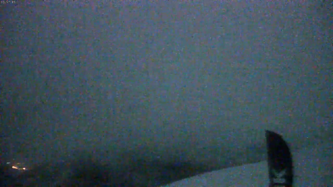A dark, snowy scene at night is visible with a dark object in the bottom right corner.