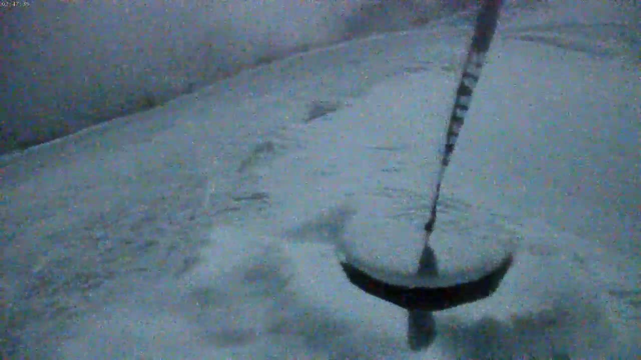 A dark-colored, circular object with a long, striped pole attached is partially submerged in a snowy area.