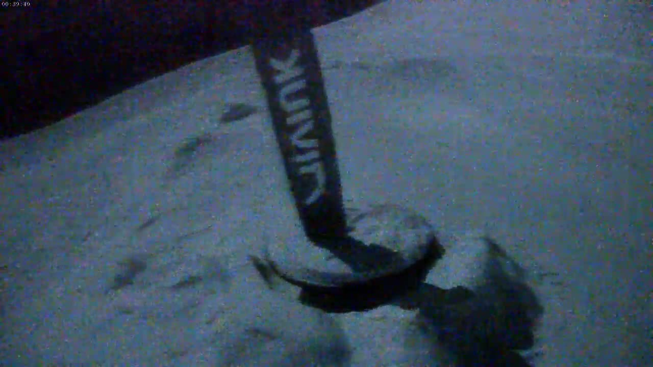 A dark, vertical pole stands in the snow at night.
