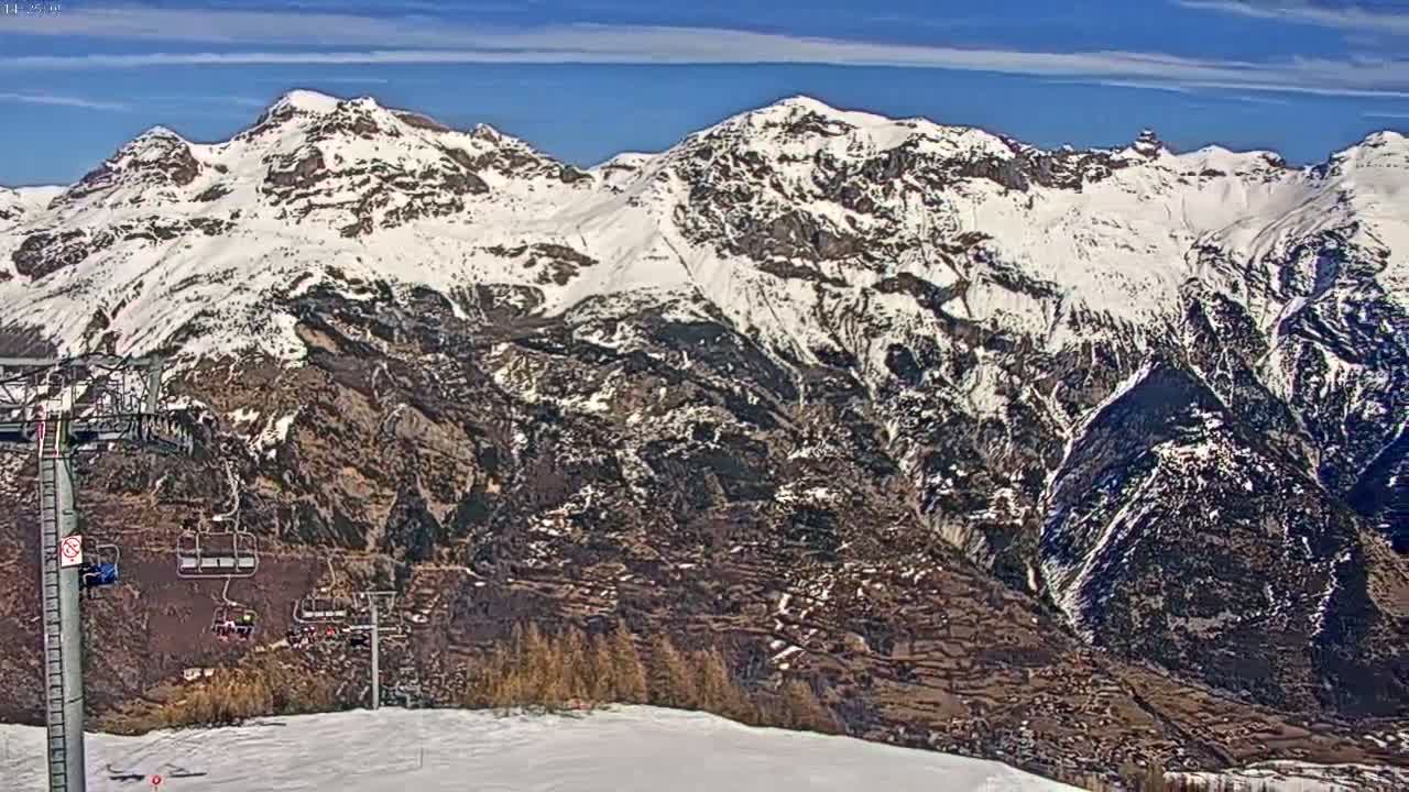 A ski lift sits in the foreground of a snow-capped mountain range on a sunny day.