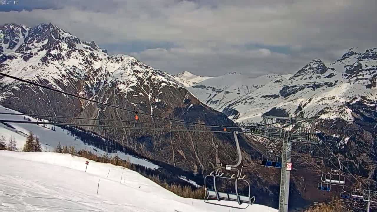 A chairlift ascends a snowy mountain range under a partly cloudy sky.