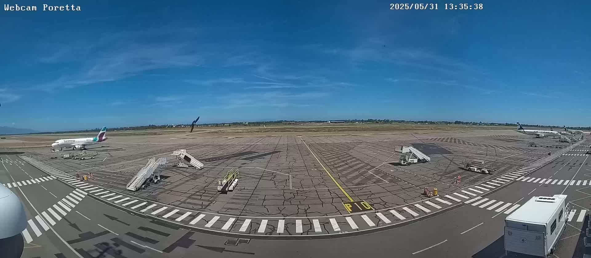 A tarmac at an airport on a sunny day shows several airplanes, jet bridges, and ground support equipment.