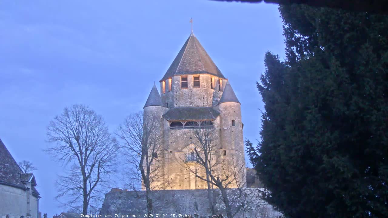 A tall, stone tower, illuminated at dusk, stands between leafless trees under a clear, twilight sky.