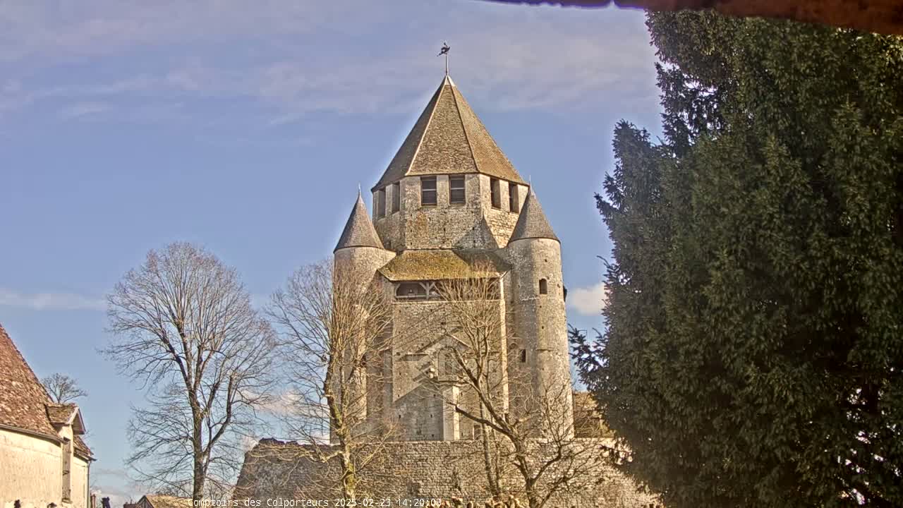 A stone tower with a conical roof, surrounded by leafless trees under a clear blue sky.