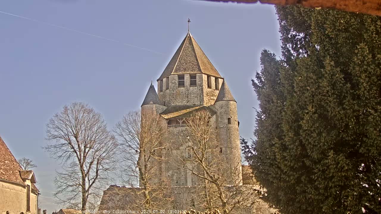 A tall stone tower with a conical roof stands amidst bare trees under a clear blue sky.