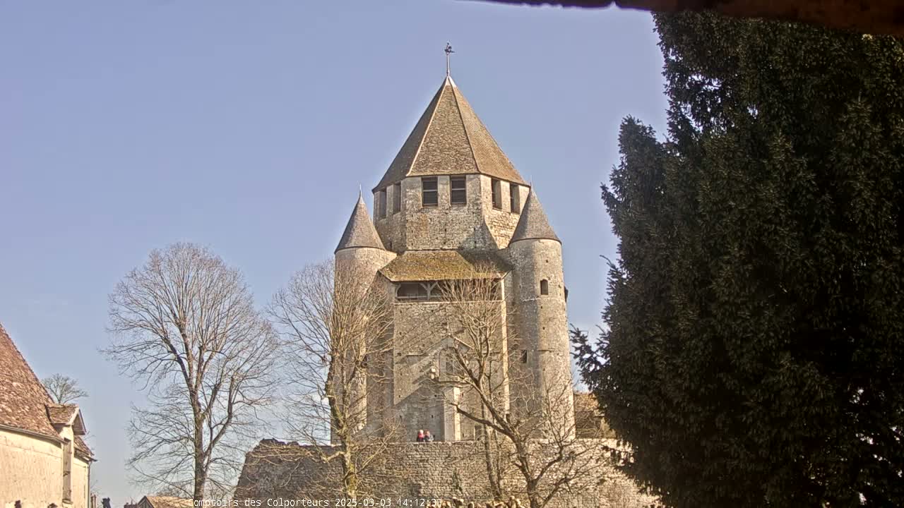 A large stone tower, part of a larger structure, stands under a clear blue sky, surrounded by leafless trees and a portion of a dark evergreen tree.