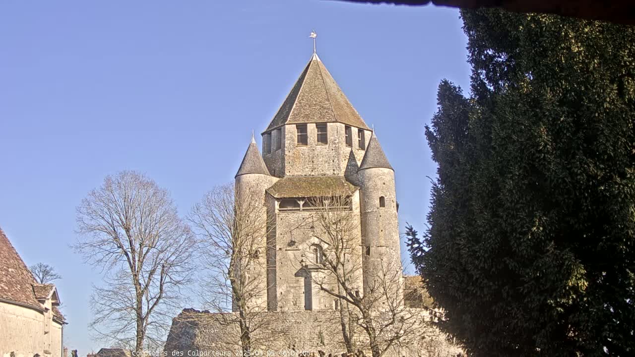 A large stone tower with conical roofs and smaller towers on either side stands under a clear blue sky, surrounded by bare trees and evergreen shrubs.