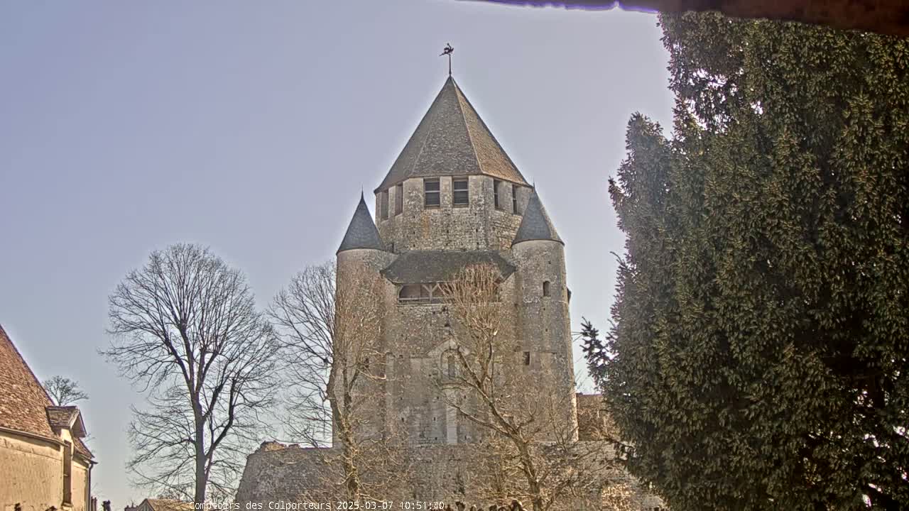 A tall, stone tower with a conical roof and smaller flanking towers stands under a clear, light-blue sky, surrounded by leafless trees and evergreens.