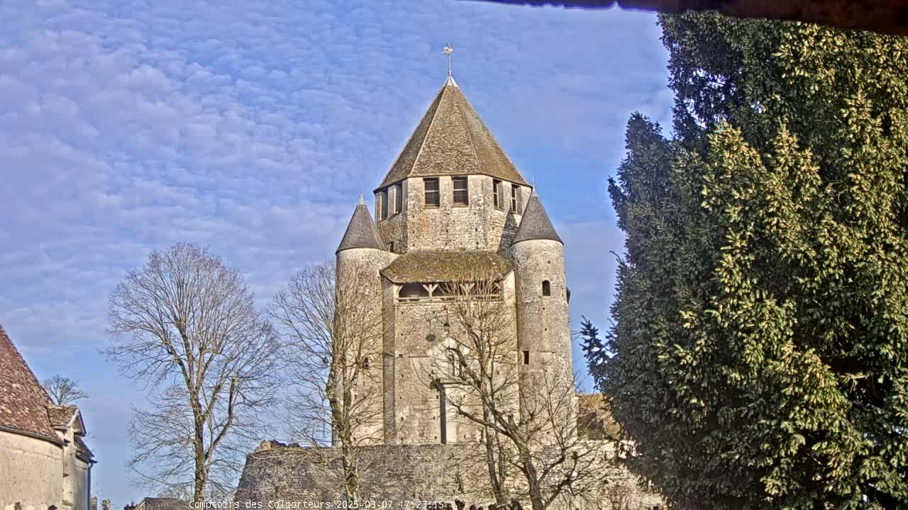 A large stone tower with a conical roof stands prominently, surrounded by leafless trees under a mostly sunny sky with scattered clouds.