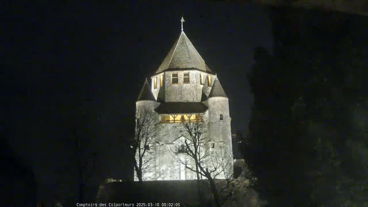 A stone tower, illuminated at night, stands behind bare, silhouetted trees under a dark sky.