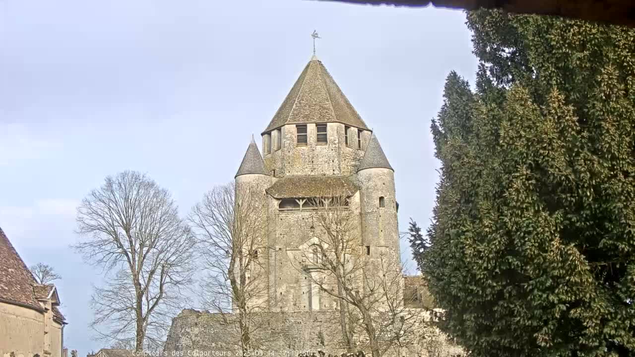 A tall, stone tower with a conical roof stands among bare trees under a mostly clear sky.