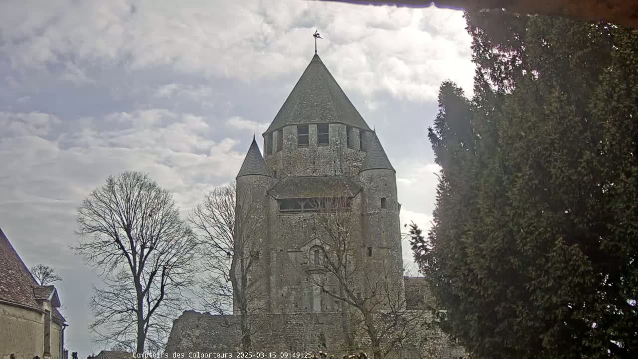 A large, stone tower, part of a larger stone structure, is visible under a partly cloudy sky, with bare trees and an evergreen in the foreground.
