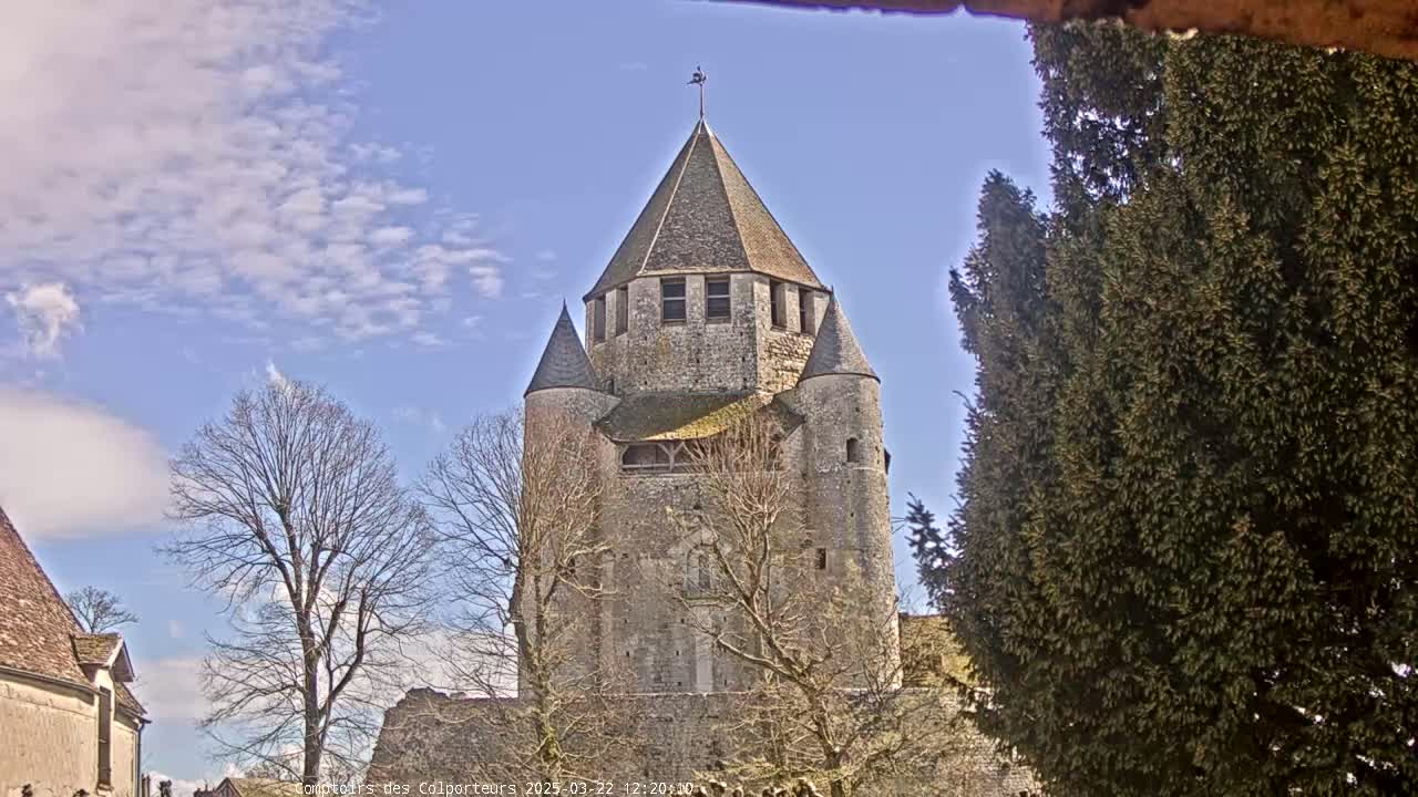 A tall, stone tower with a conical roof stands amidst leafless trees under a mostly clear, bright blue sky.