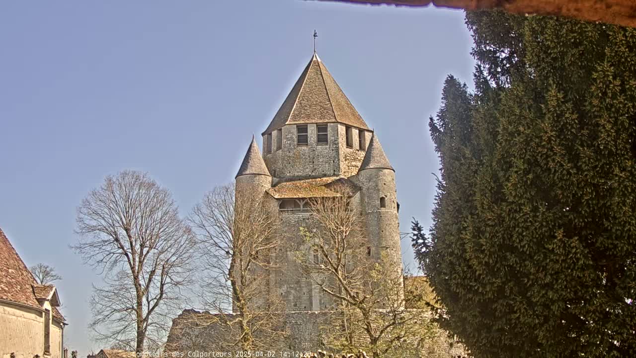 A tall stone tower with conical roofs and smaller flanking towers stands under a clear blue sky, surrounded by bare deciduous trees and an evergreen tree.