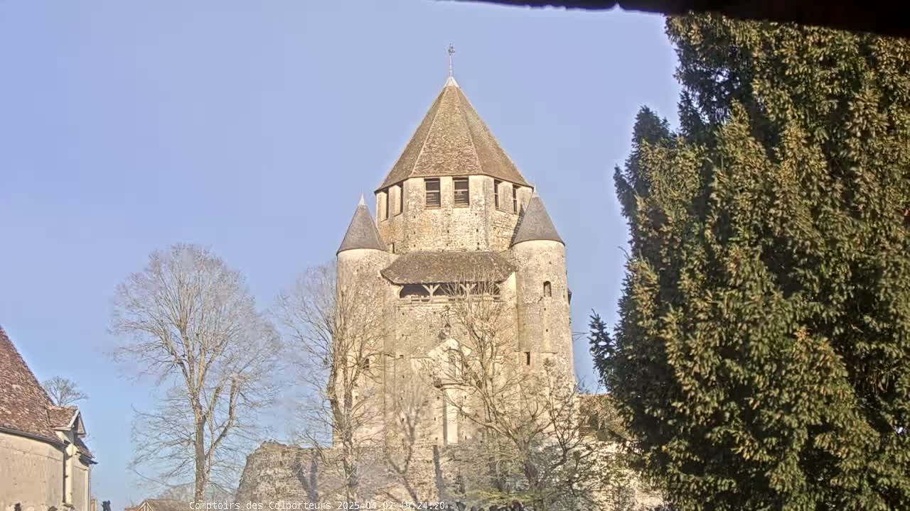 A stone tower with a conical roof is partially obscured by bare trees under a clear blue sky.