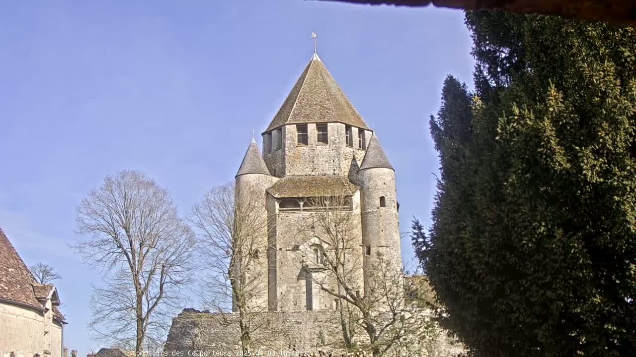 A large stone tower with a conical roof stands under a clear blue sky, surrounded by leafless trees and a tall evergreen.