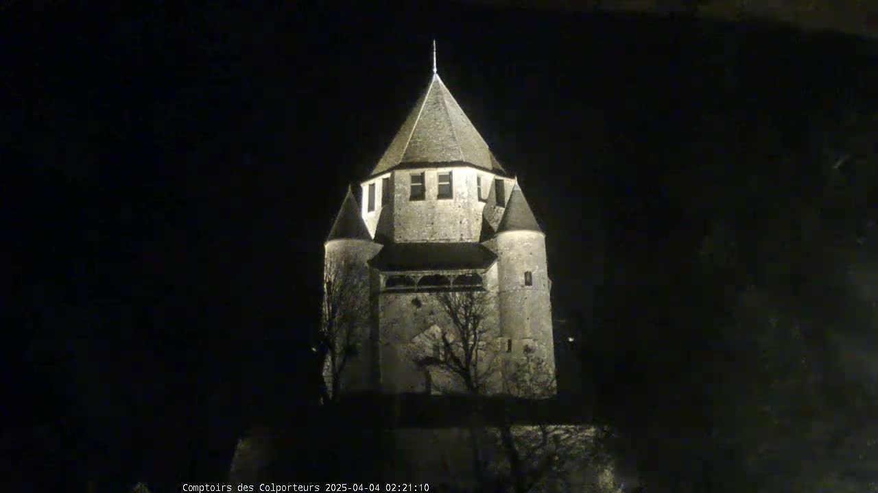 A stone tower, lit at night, stands against a dark sky.