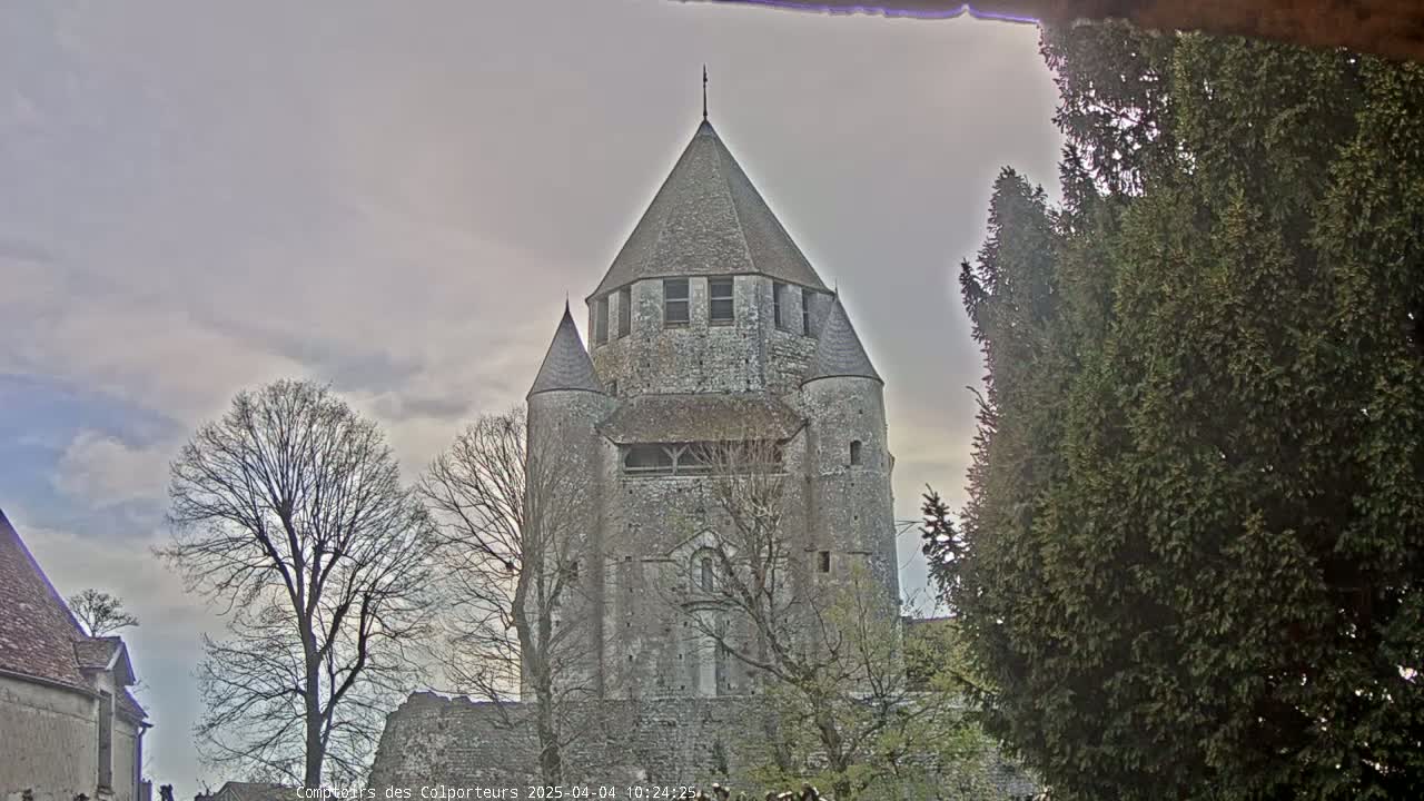 A tall, stone tower with a conical roof stands under a cloudy sky, partially obscured by trees.