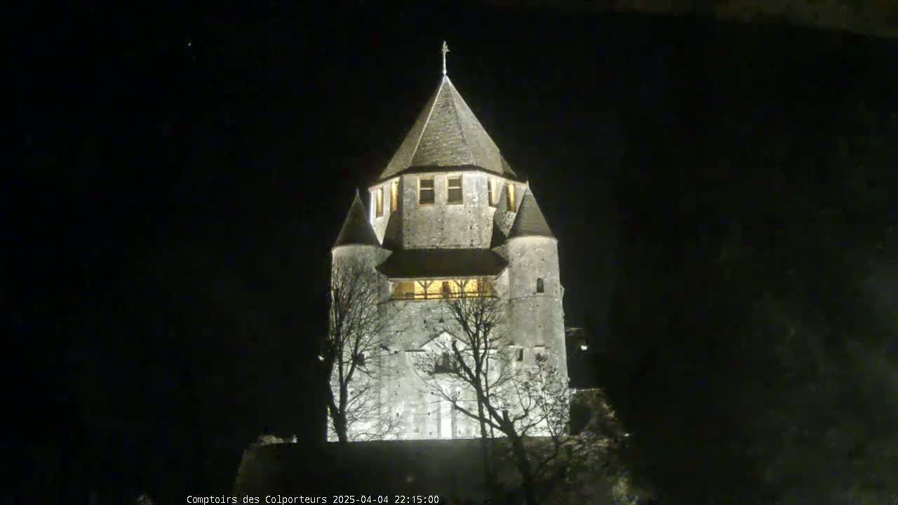 A stone tower, illuminated at night, stands behind silhouetted trees under a clear, dark sky.