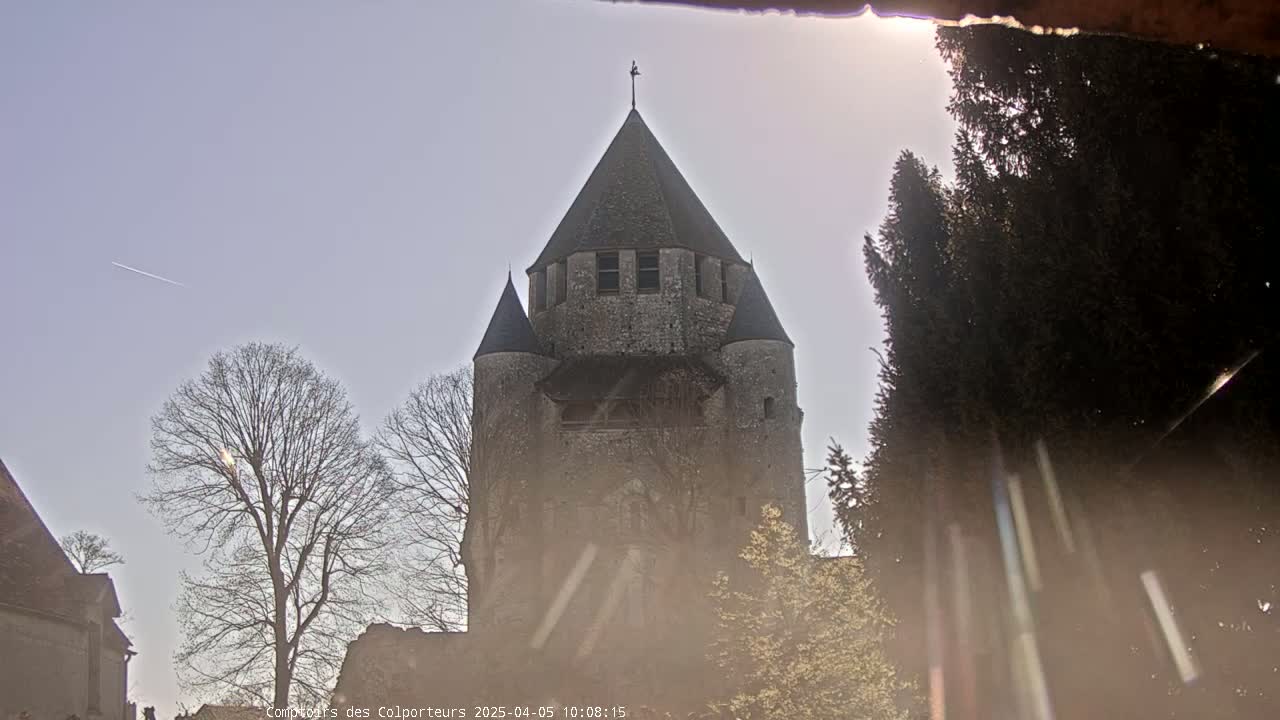 A stone tower, part of a larger structure, is seen from a distance on a partly sunny day, partially obscured by trees.