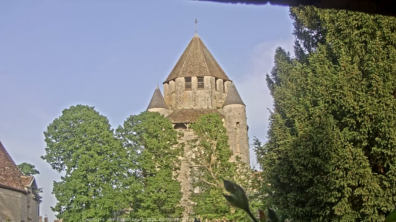 A stone tower with a conical roof is partially obscured by leafy green trees under a clear blue sky.