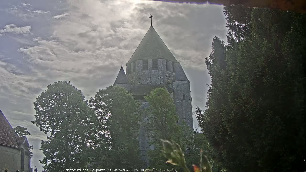 A stone tower, partially obscured by trees, rises under a partly cloudy sky.