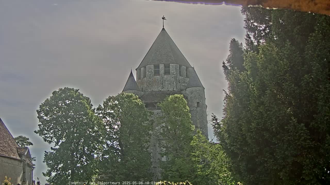 A stone tower, partially obscured by trees, stands under a cloudy sky.