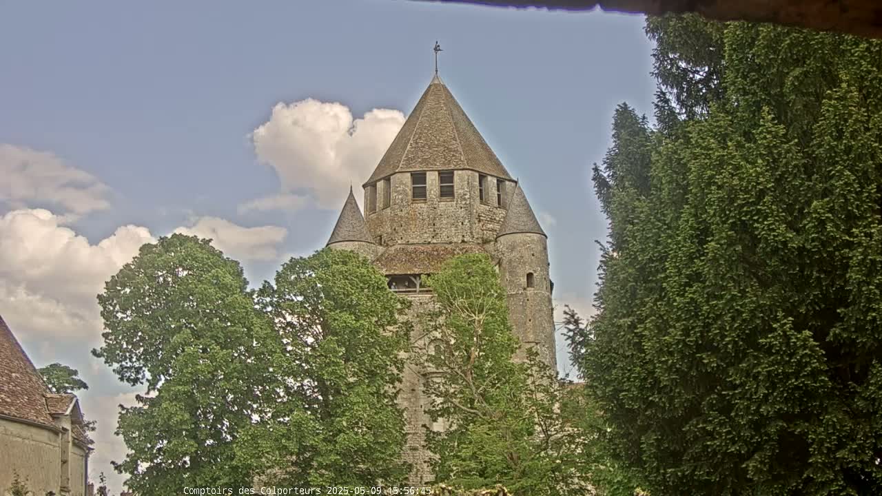A stone tower with a conical roof is partially obscured by leafy green trees under a partly cloudy sky.