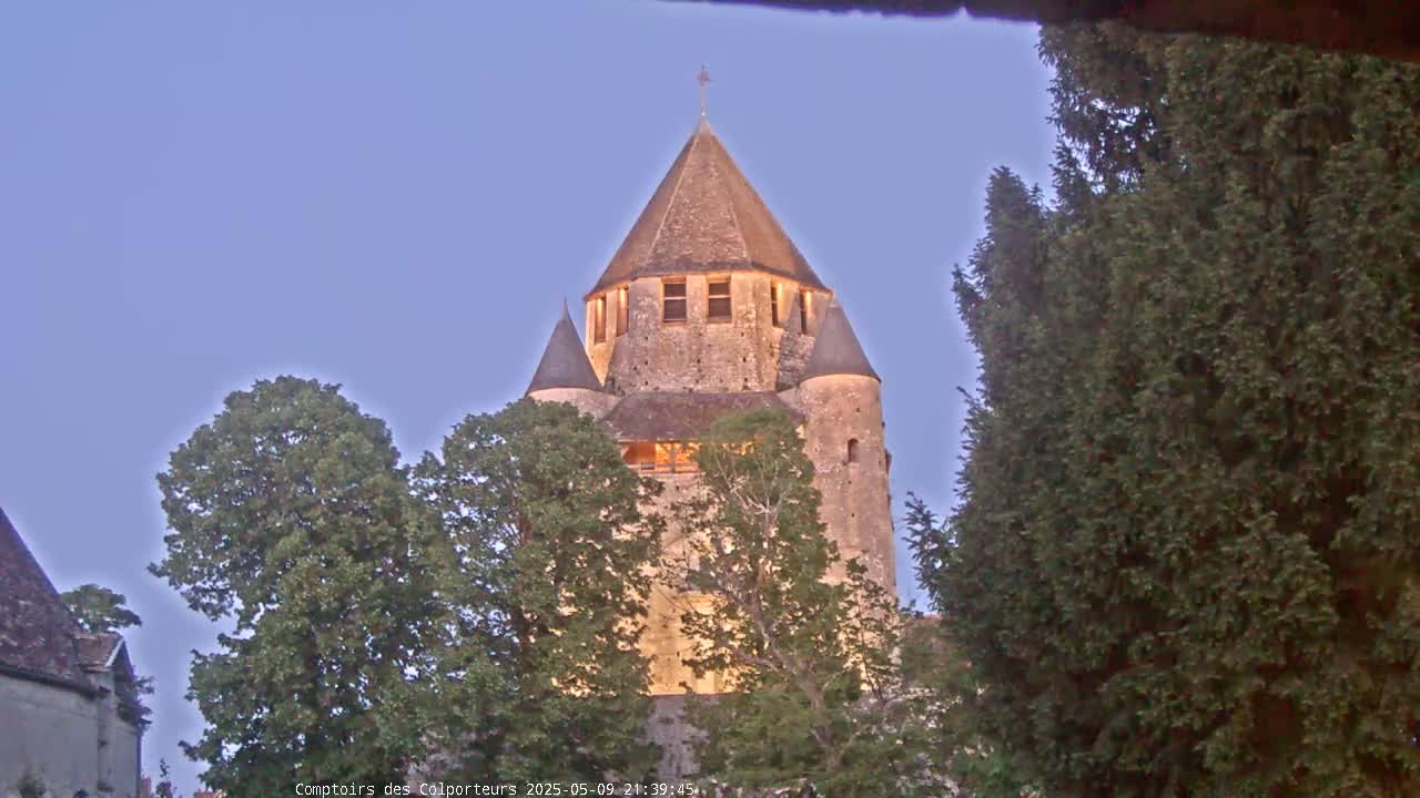 A stone tower, illuminated at dusk, is partially obscured by trees under a clear, pale sky.