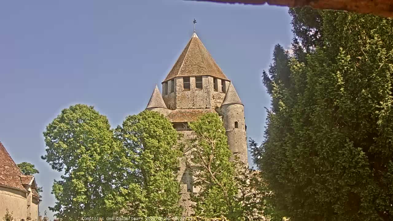 A stone tower with a conical roof is partially visible behind leafy green trees under a clear blue sky.