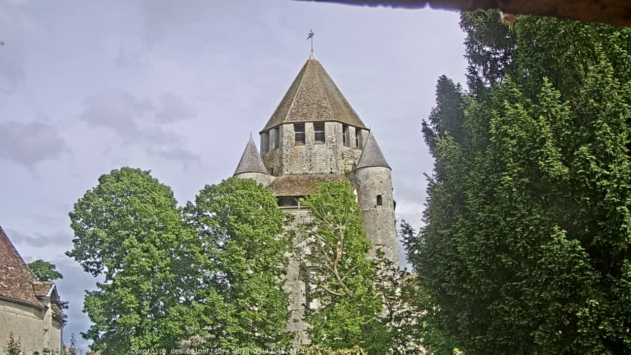 A stone tower with a conical roof is partially obscured by leafy green trees under a cloudy sky.