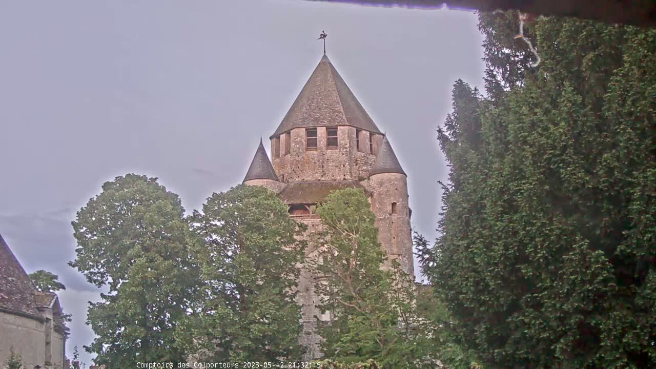 A stone tower, partially obscured by trees, stands under an overcast sky.