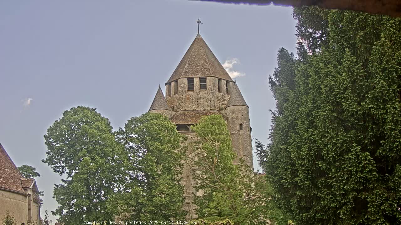 A stone tower with a conical roof is partially obscured by leafy green trees under a mostly clear sky.