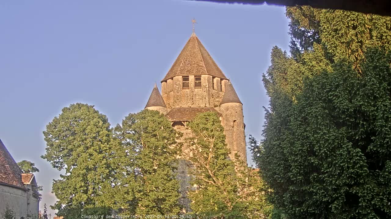 A stone tower with a conical roof is partially visible through the branches of green trees under a clear blue sky.