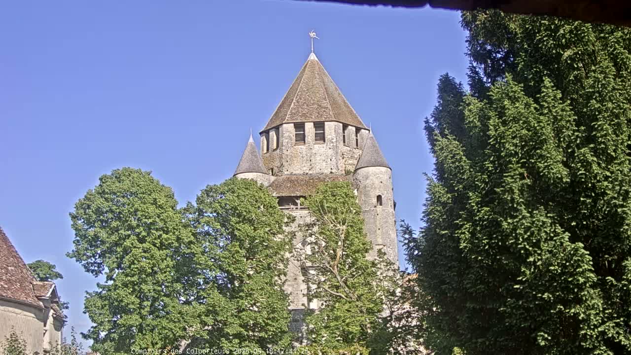 A stone tower with a conical roof is partially obscured by lush green trees under a clear blue sky.