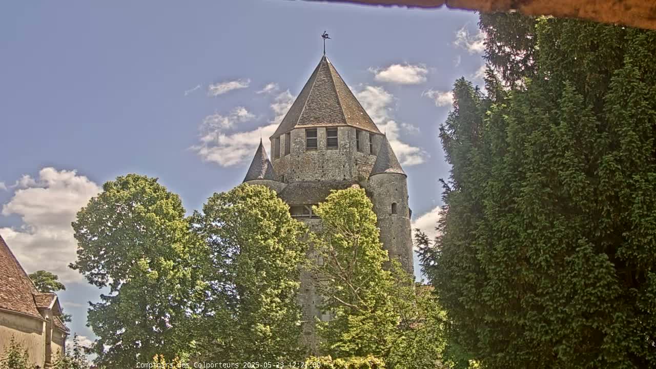 A stone tower with a conical roof is partially visible through the branches of lush green trees under a partly cloudy sky.